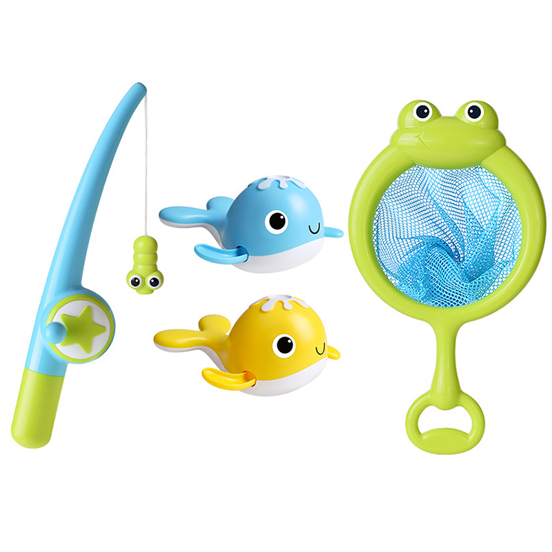 (set A) Magnet Baby Bath Fishing Toys Wind-up Swimming Whales Bathtub Toy Fishing Game Water Tub Toys Set with Fishing Pole Net for Kids