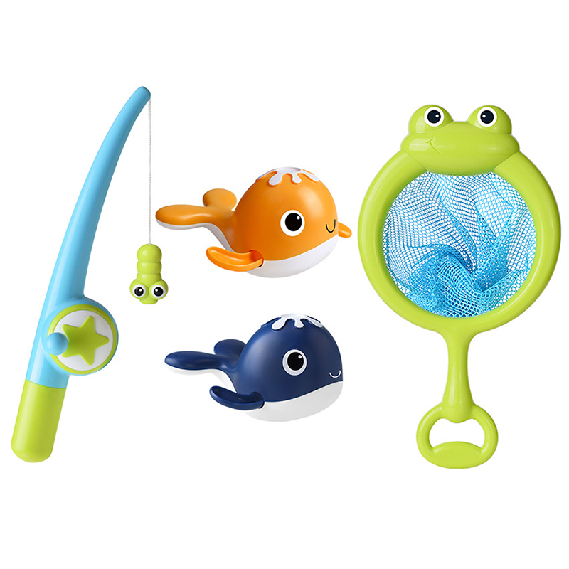 (set A) Magnet Baby Bath Fishing Toys Wind-up Swimming Whales Bathtub Toy Fishing Game Water Tub Toys Set with Fishing Pole Net for Kids