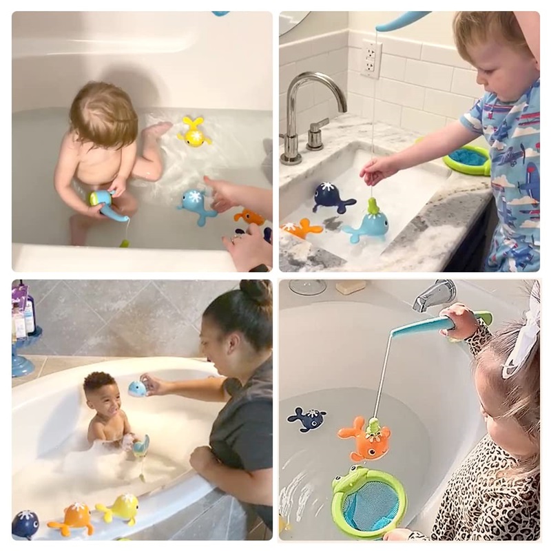 (set A) Magnet Baby Bath Fishing Toys Wind-up Swimming Whales Bathtub Toy Fishing Game Water Tub Toys Set with Fishing Pole Net for Kids