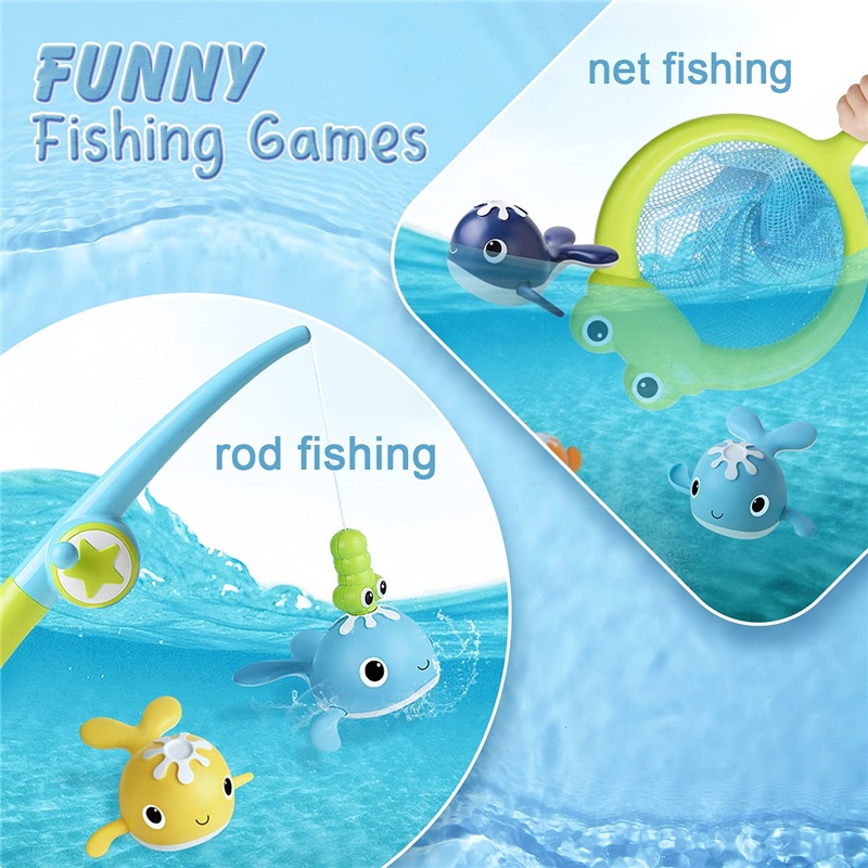 (set A) Magnet Baby Bath Fishing Toys Wind-up Swimming Whales Bathtub Toy Fishing Game Water Tub Toys Set with Fishing Pole Net for Kids