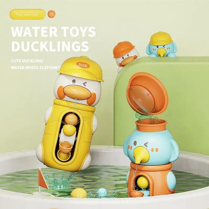 (OR) Bath Bathtub Toys for Toddlers 1 2 3 Years Old Duck Rotatable Waterwheel Bathroom Strong Suckers Water Scoop Fun Bath Toys Gifts