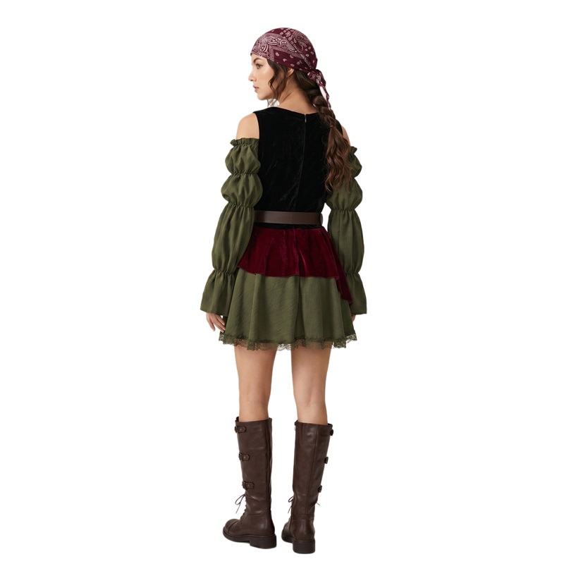 (XL) Pirate Dress Halloween Costume Vintage Women Carnival Outfit Medieval Stage Performance Attire