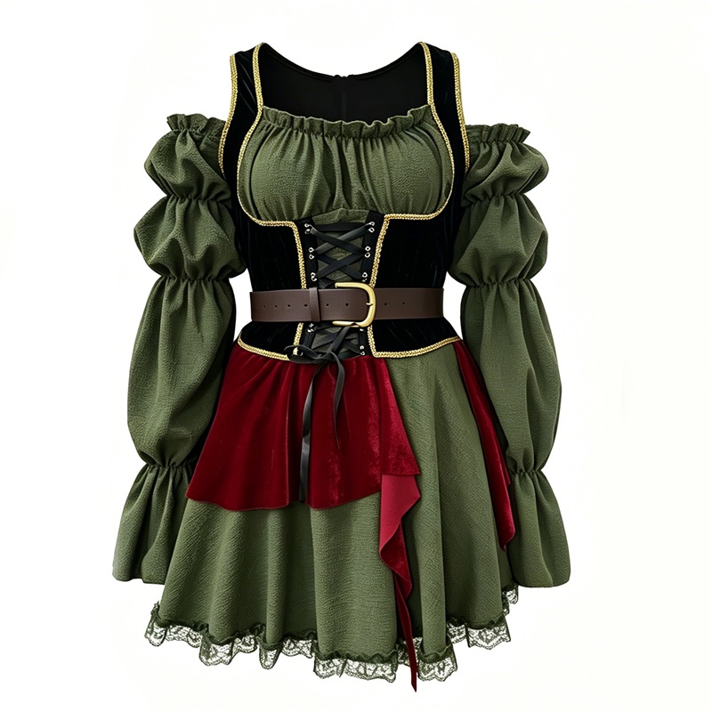 (XL) Pirate Dress Halloween Costume Vintage Women Carnival Outfit Medieval Stage Performance Attire