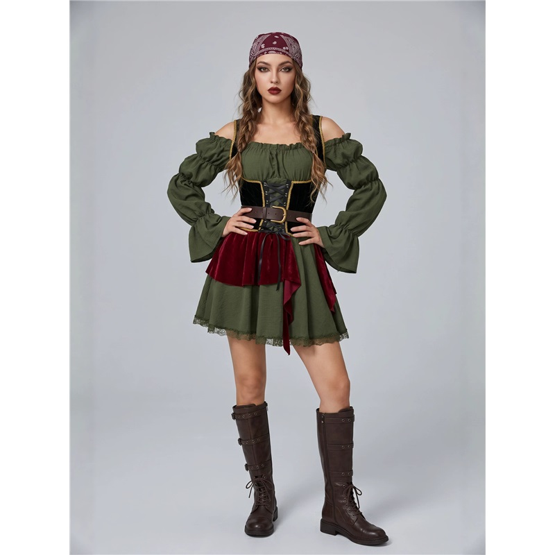 (XL) Pirate Dress Halloween Costume Vintage Women Carnival Outfit Medieval Stage Performance Attire