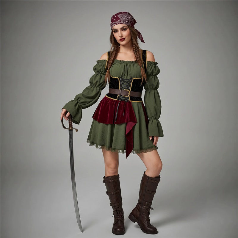 (XL) Pirate Dress Halloween Costume Vintage Women Carnival Outfit Medieval Stage Performance Attire