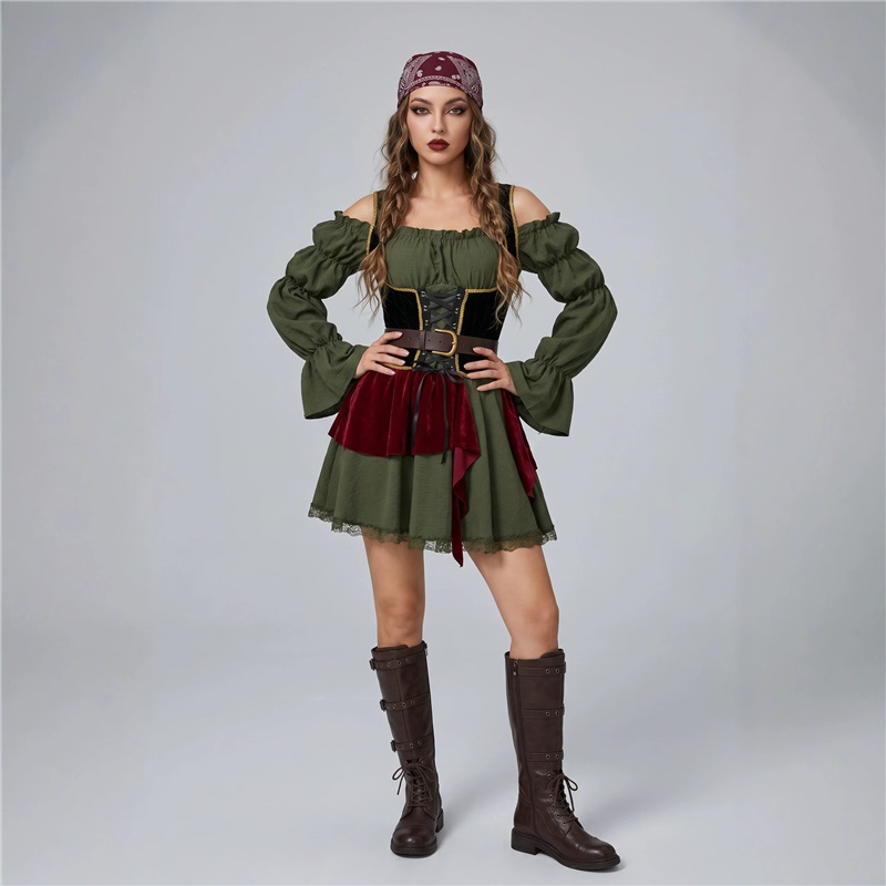 (XL) Pirate Dress Halloween Costume Vintage Women Carnival Outfit Medieval Stage Performance Attire