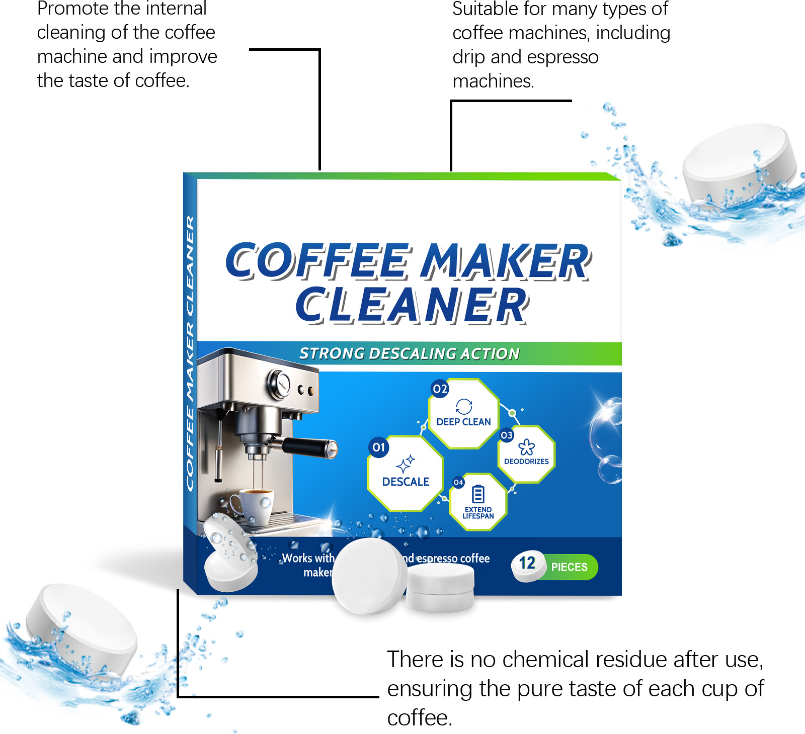 Coffee Machine Cleaning Tablets Daily Mild Remove Stains Limescale Portable Universal Care For All Coffee Makers
