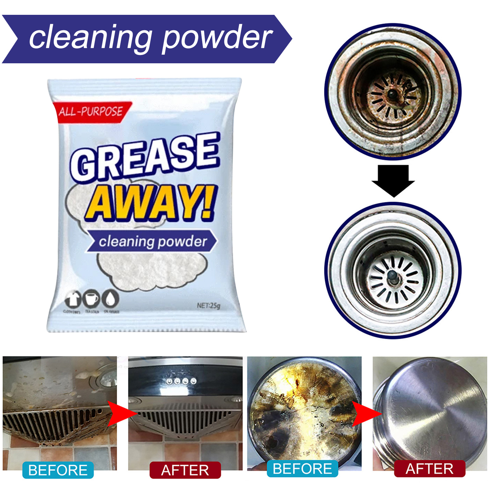 Kitchen Cleaning Powder Heavy Duty Grease Remover Stainless Steel Cookware Stain Eliminator