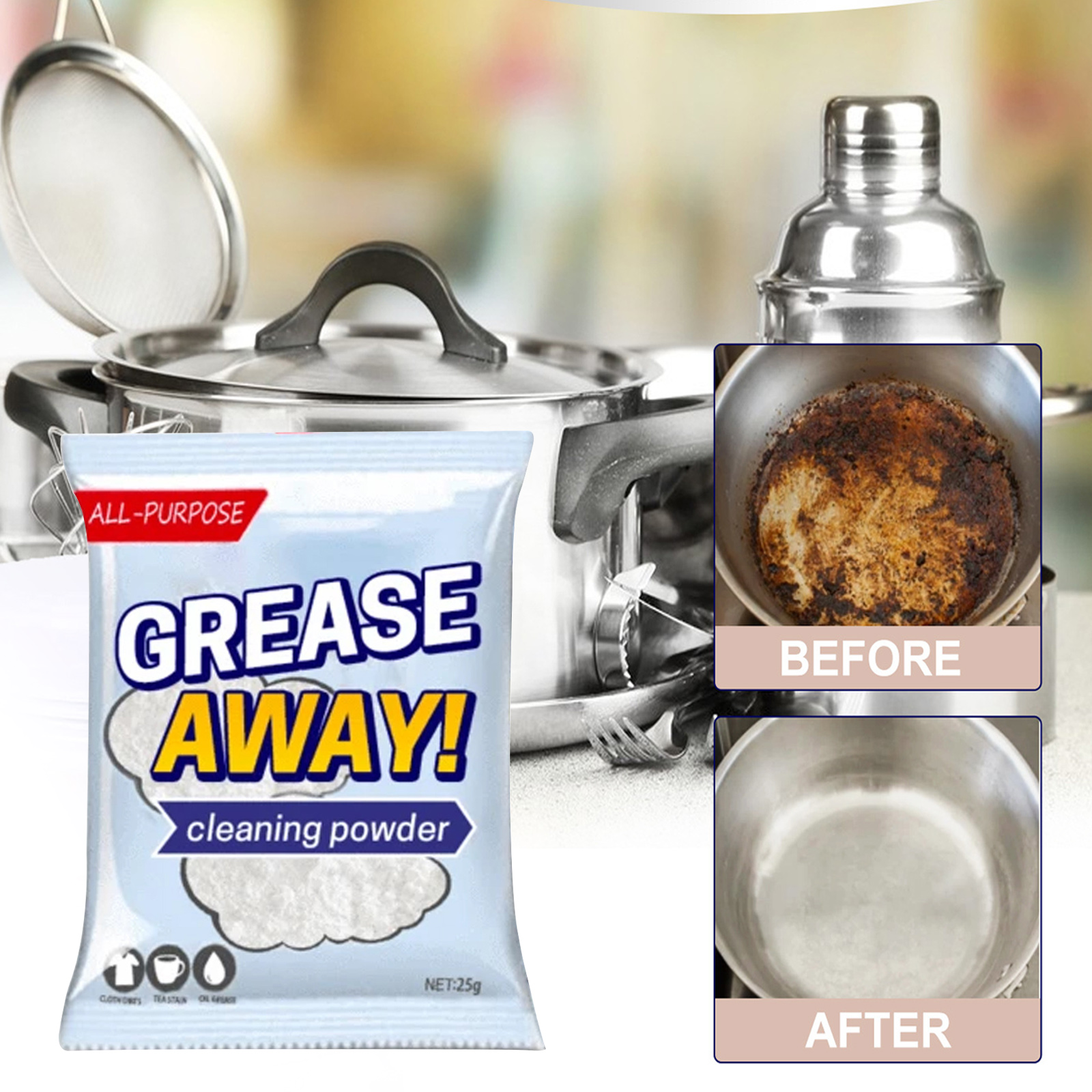 Kitchen Cleaning Powder Heavy Duty Grease Remover Stainless Steel Cookware Stain Eliminator