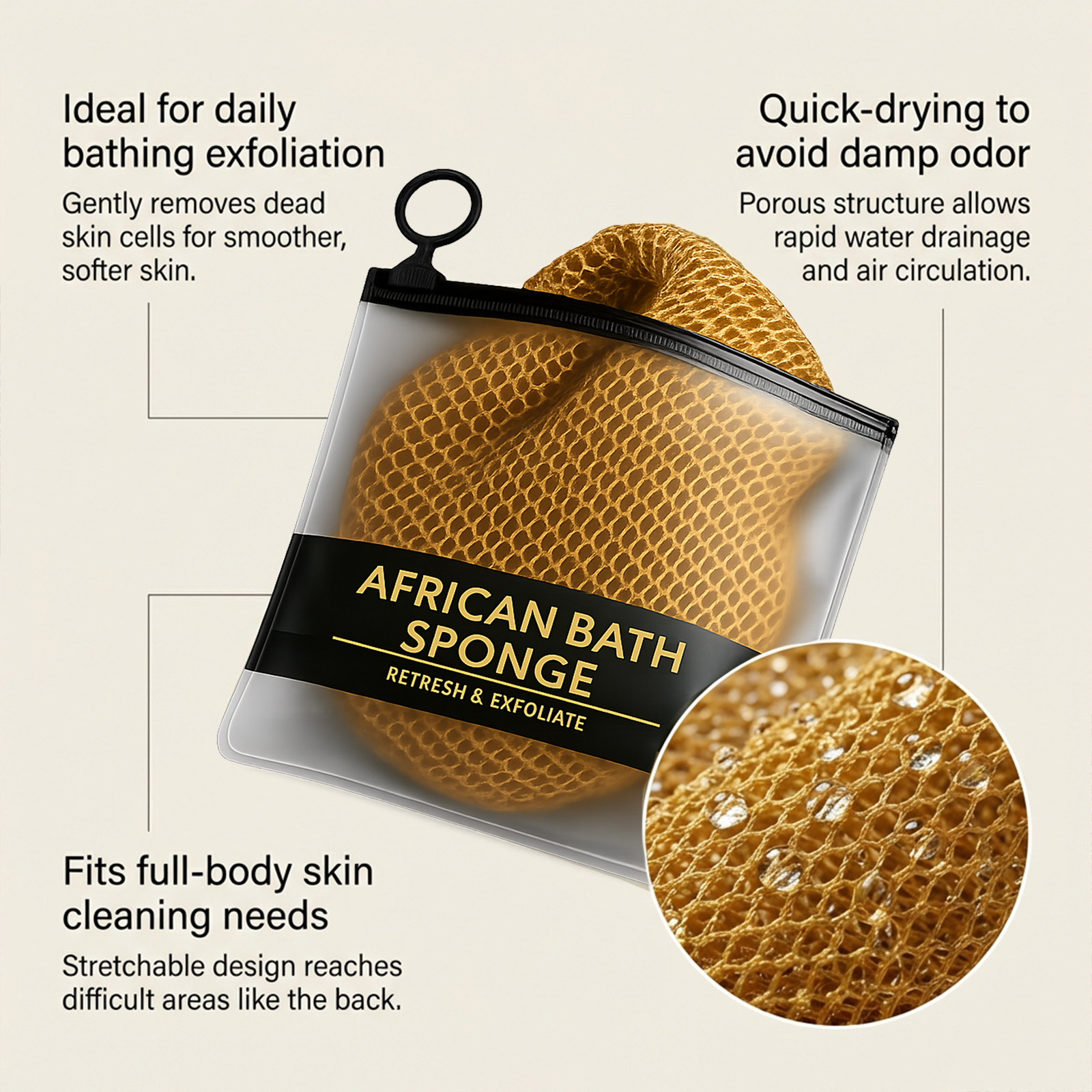 (Black) Golden Exfoliating Mesh Bath Towel Hexagon Woven Fiber Mild Soft Skin Care For Body