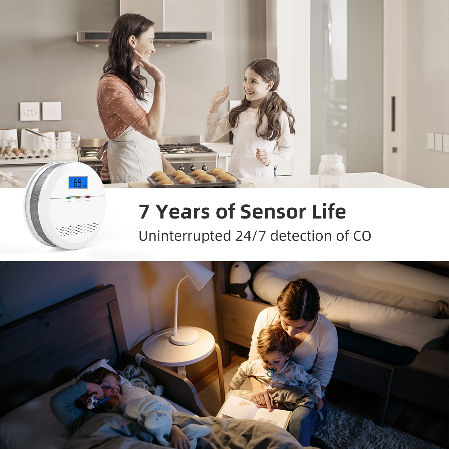 Carbon Monoxide Detector with LCD Display Wireless Carbon Monoxide Alarms for Home Garage Apartment Office Battery Powered CO Alarm with 7 Years Sensor Life