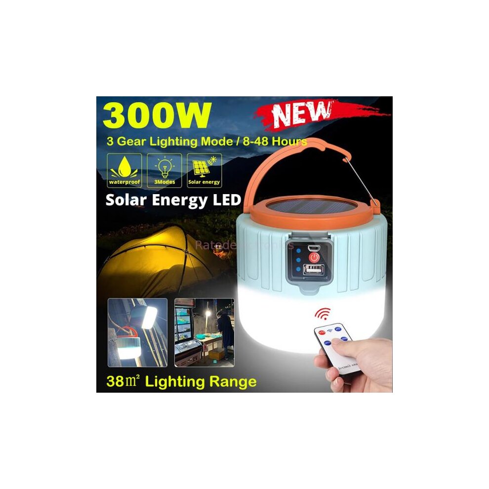300W USB Rechargeable Remote Control Lantern Solar LED Bulb Camping Light Tent Lights