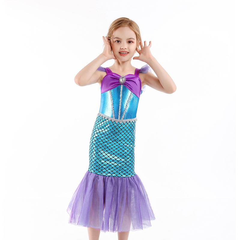 (110cm) Amycute Girls Little Mermaid Costume Kids Mermaid Princess Dress Birthday Halloween Cosplay Outfit