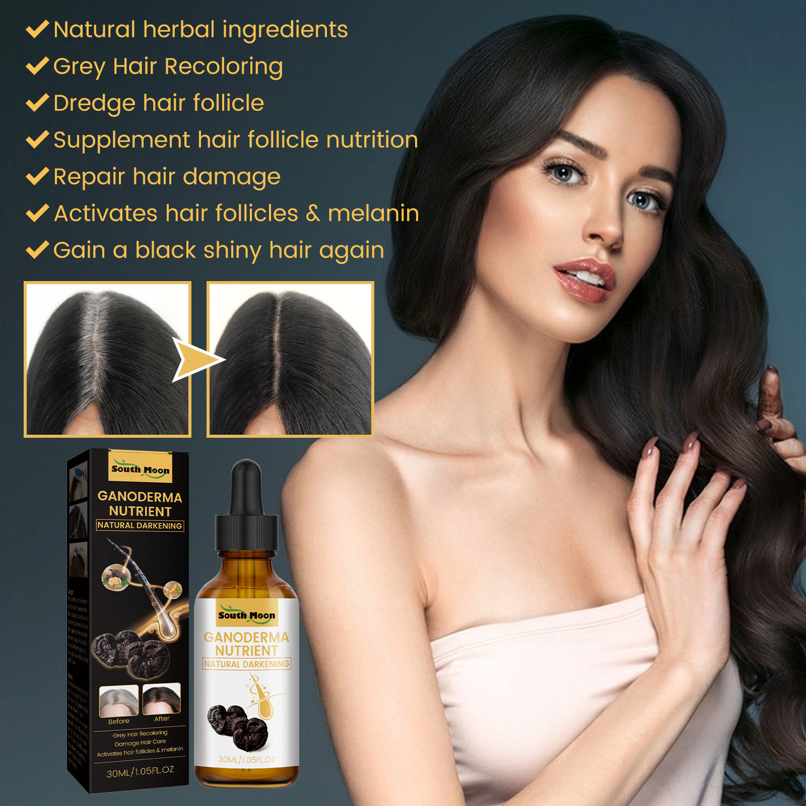 Anti-Greying Hair Serum Hair Care Serum Anti Grey Hair Supplements Ganoderma Nutrient Natural Darkening Promotes Healthier and Thicker Hair 30ml