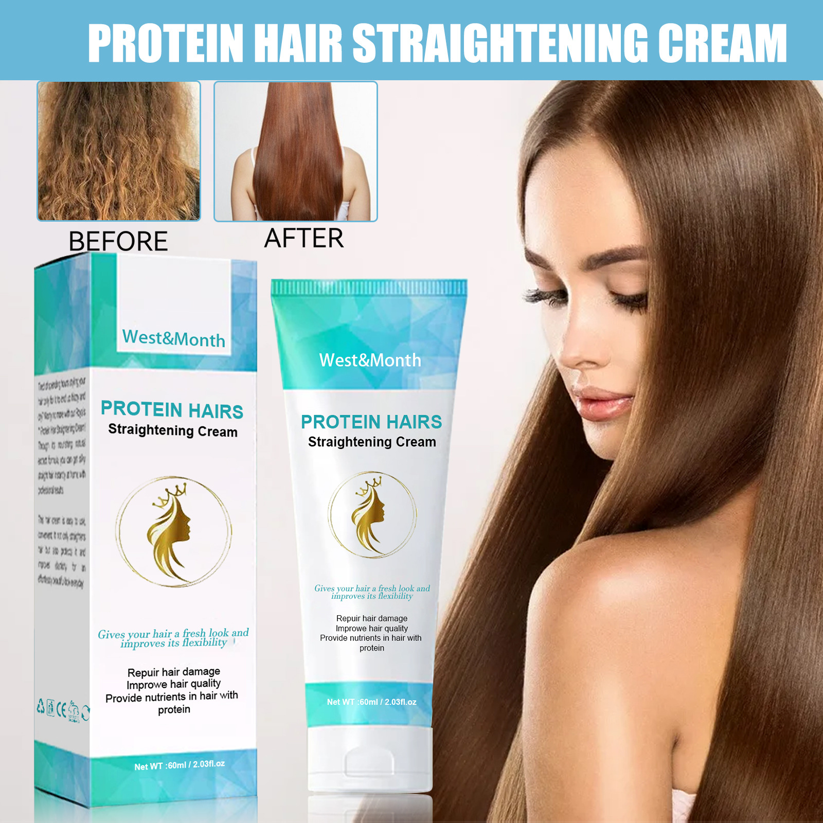 Protein Hair Straightening Cream Avoids Stretching Lasts for Styling Smoothes Hair Dryness Splitsand Repairs Damaged Curly Hair Care 60ml