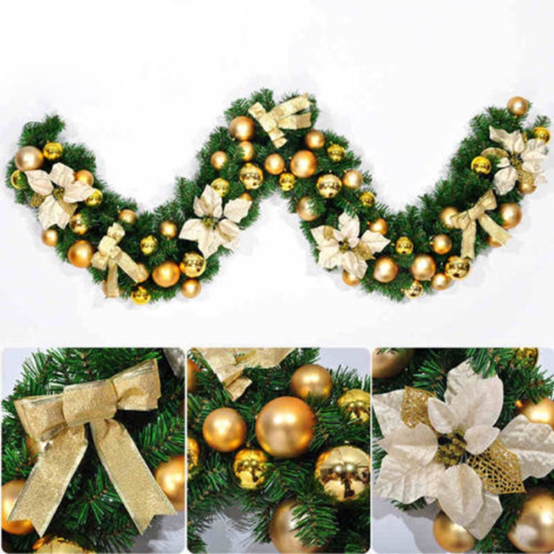 (Gold with Light) 9FT Pre Lit Christmas Garland LED Lights Wreath Xmas Decorations Ornaments Christmas Balls Wreath Christmas Wreaths Garlands and Plants