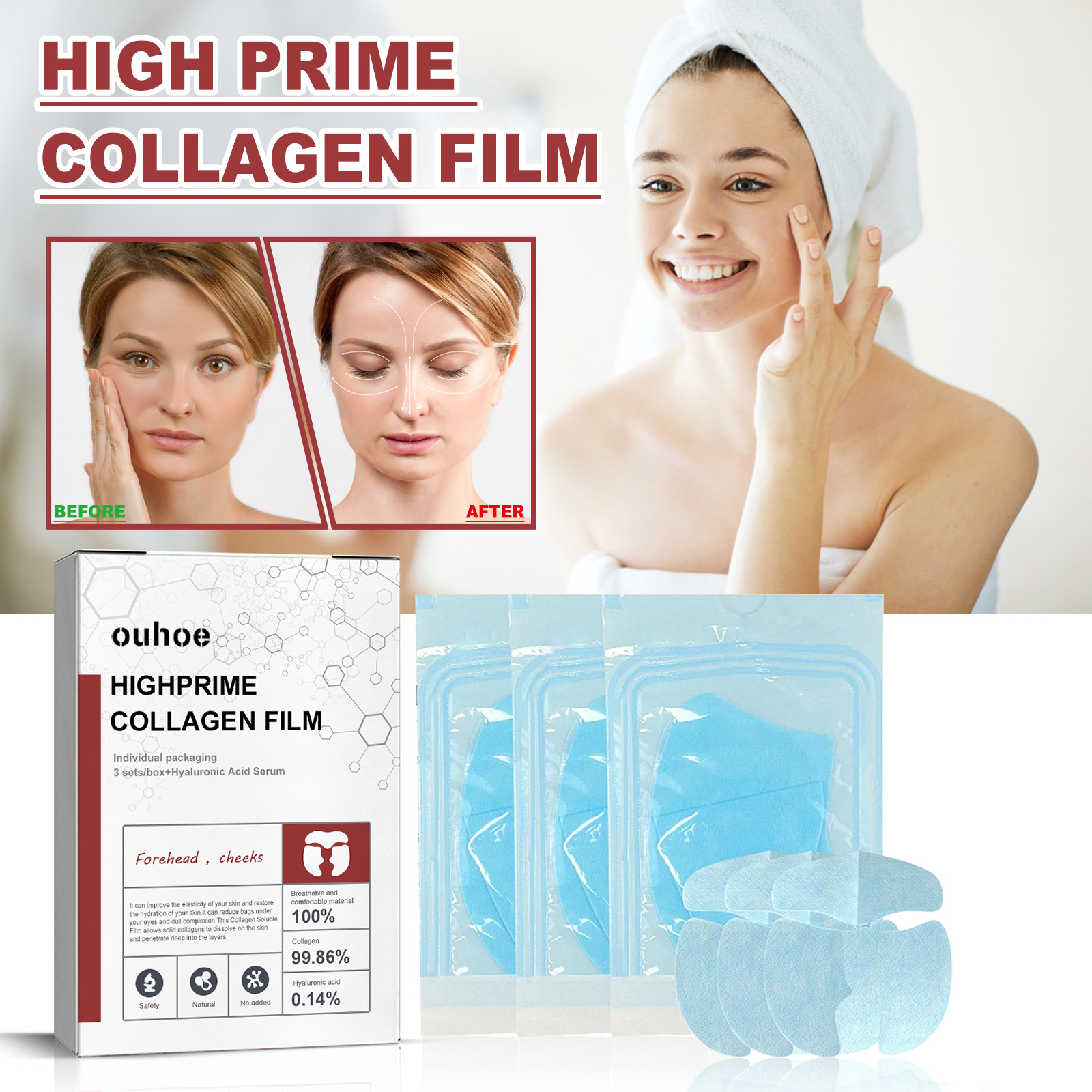 Collagen Film Paper Soluble Facial Mask Cloth Anti-Aging Water Face Filler Full Collagen Fiming Lifting Cheek Forehead Anti Aging Moisturizing