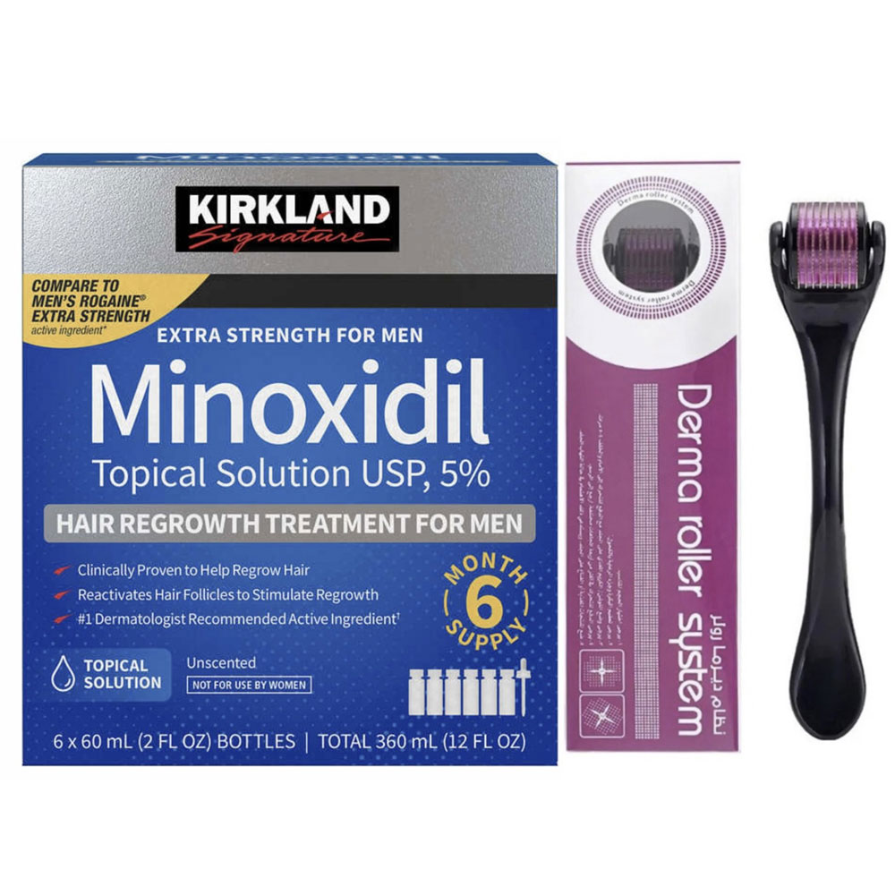 Kirkland Signature 5 Minoxidil Solution Hair Regrowth Treatment For Men- 6 Month Supply with Derma Roller New