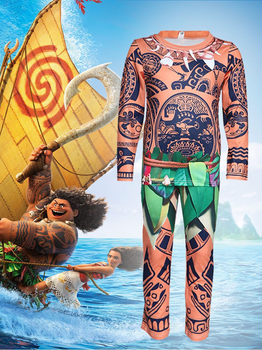 (Size 100) Moana Maui Tattoo Cosplay Costume Boys Adventure Cartoon Long Sleeve T Shirt Pants Set Kids Halloween Dress Up Party Costumes Suit Outfits