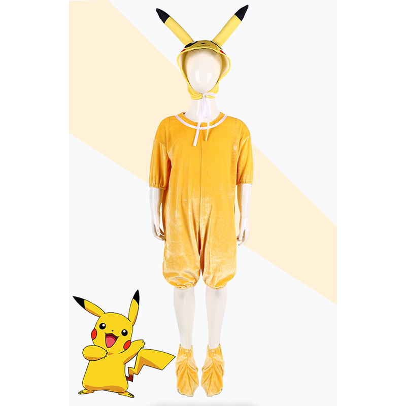 (Size 100) Pikachu Kids Costume Pokemon Dress Up  Yellow Plush Pokemon Jumpsuit Halloween Outfit for Boys Girls for Halloween Birthday Parties Cosplay