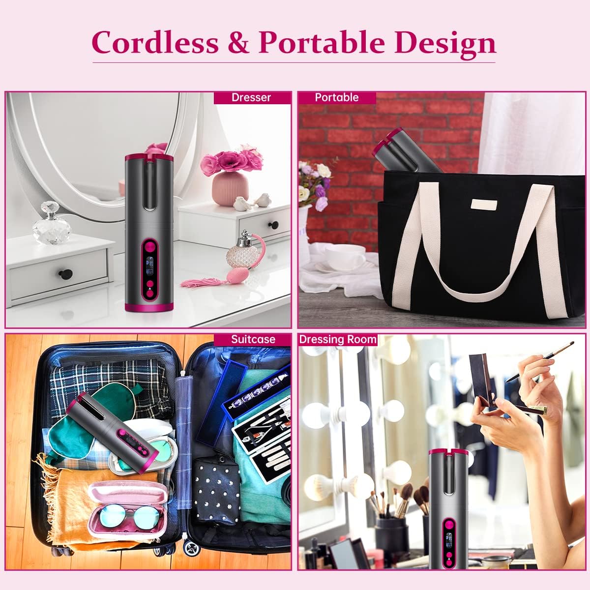 (Grey) Hair Curler Rotating Curling Tongs Curling Iron Cordless Auto Curler Restriction Rechargeable Ceramic Professional Hair Curler USB ChargingPortable