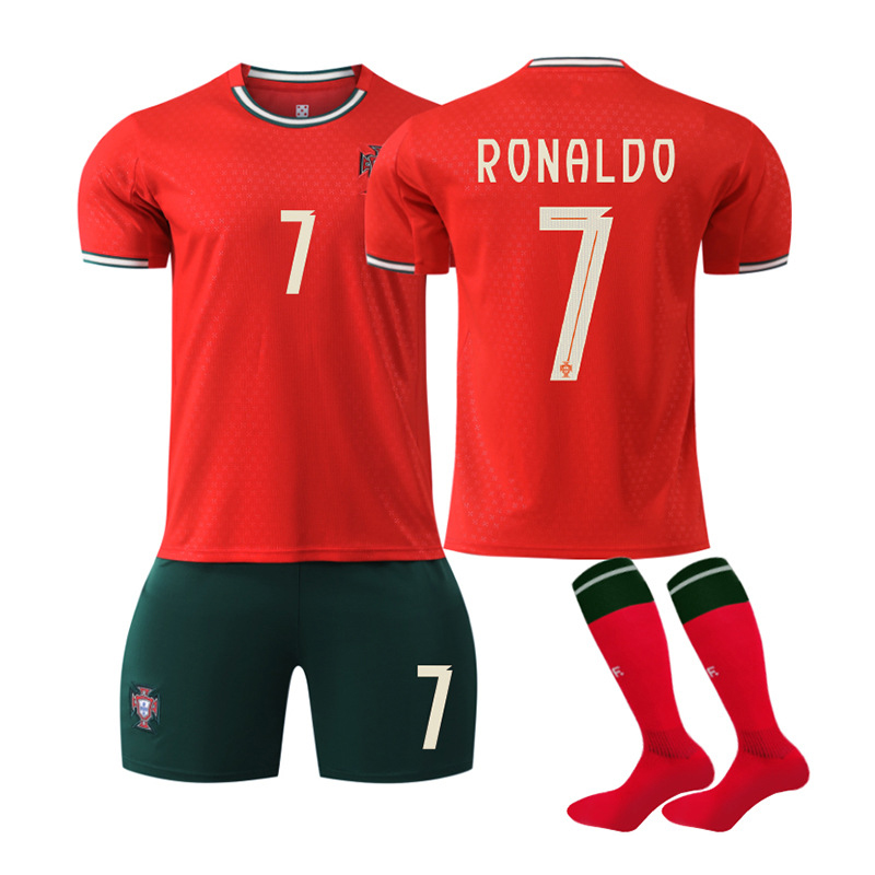 (Kids 16) Football Soccer Jersey Shorts Socks Portugal Home Children Football Kits Ronaldo Number 7 Football Training Shirts Shorts Socks 2025-2026 Fans Gifts