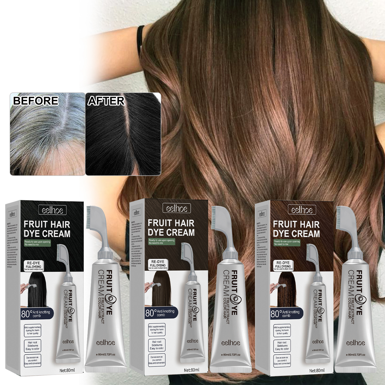 Natural Hair Dye Cream with Comb Long Lasting Cover Black Brown Hair Cream Fruit Dye Permanent Color Cream 80ml ﻿