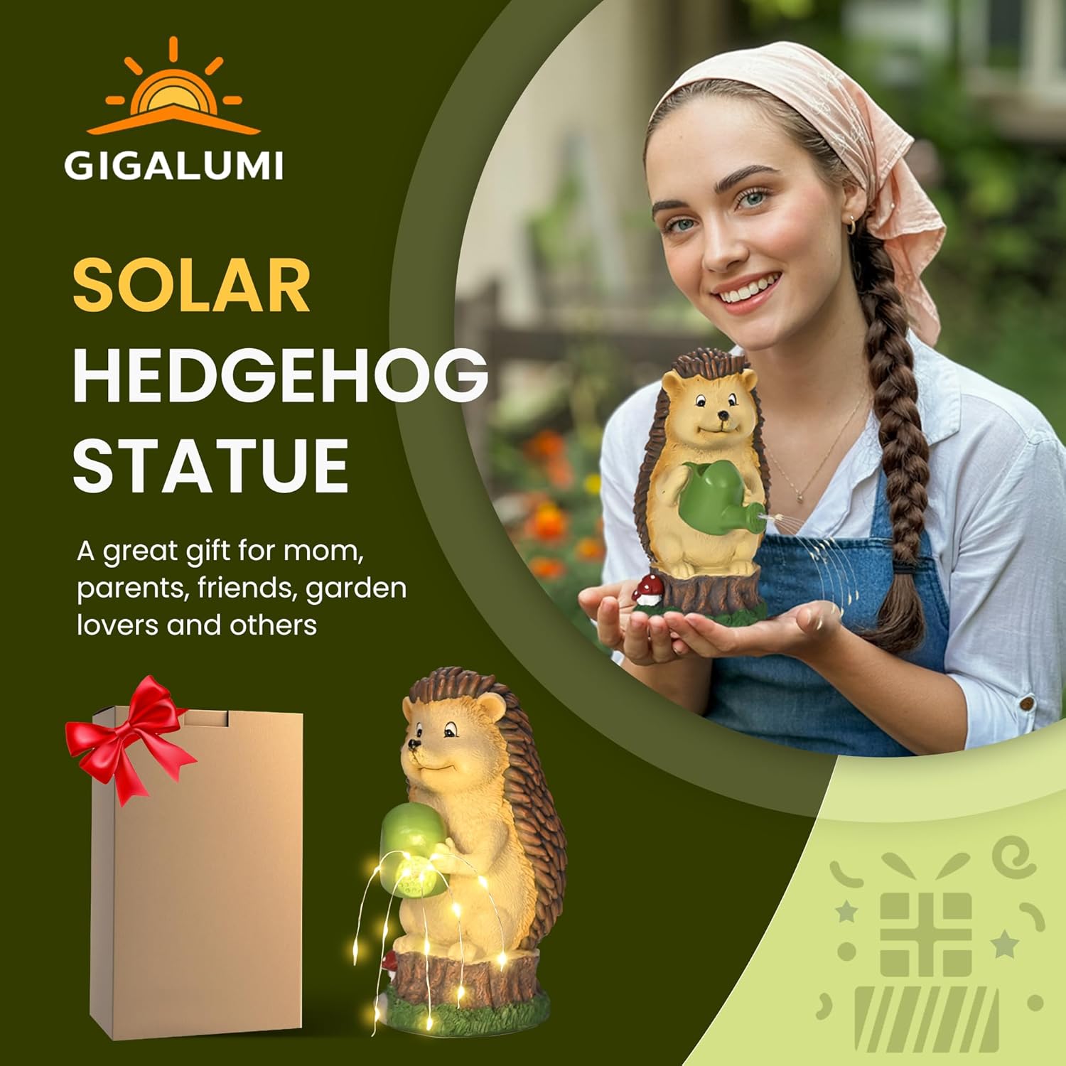 (Hedgehog Water Kettle) Hedgehog Garden Ornaments Outdoor, Unique Gifts for Mum, Gifts Waterproof Solar Lantern Garden Statue Decorations for Patio Yard