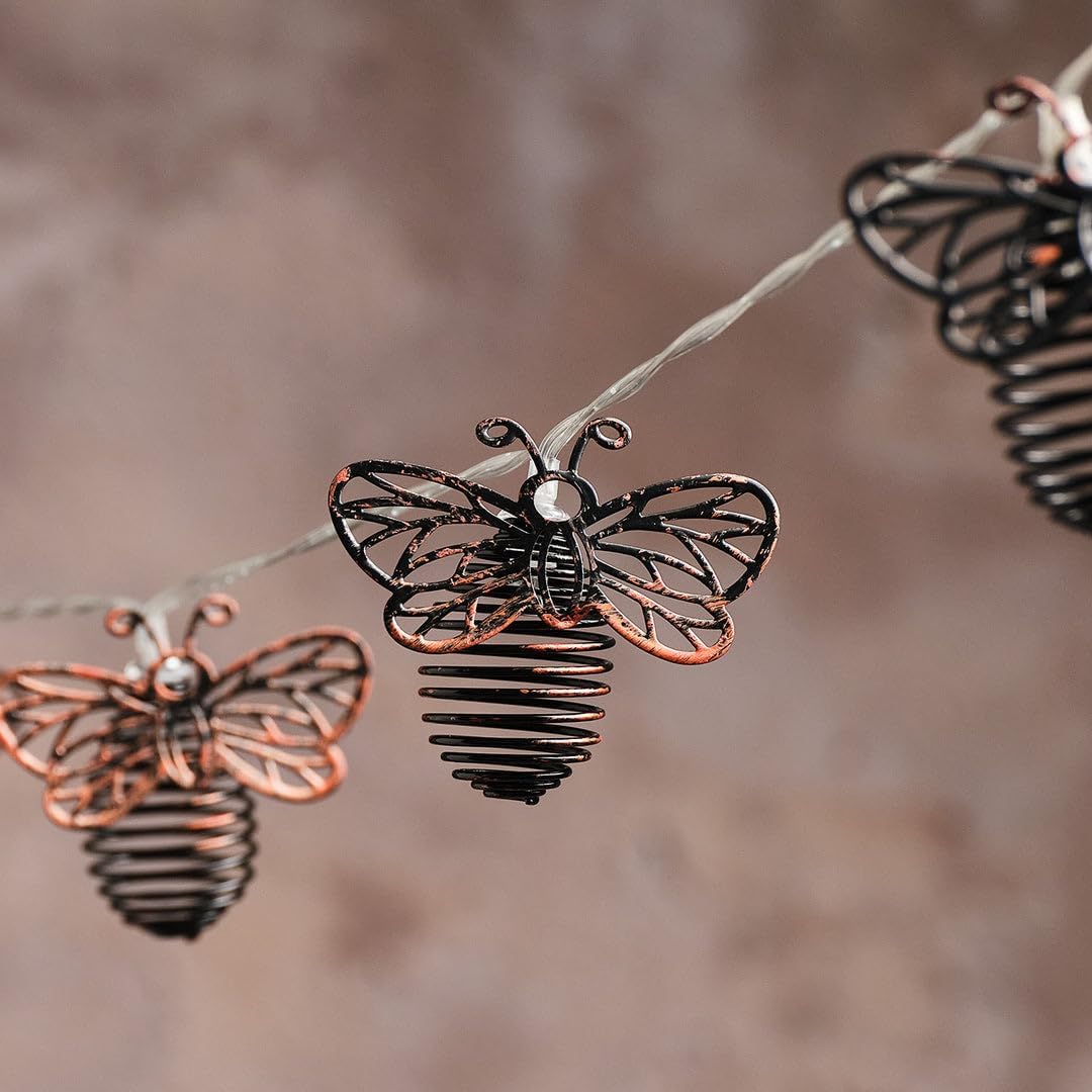 Metal Solar Bee Fairy Lights on 1.5m Clear Cable with Warm White LEDs Outdoor Garden String Lights for Patios Fences 