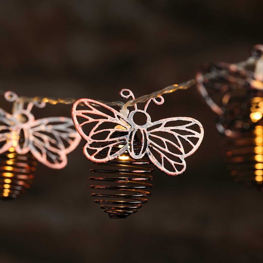 Metal Solar Bee Fairy Lights on 1.5m Clear Cable with Warm White LEDs Outdoor Garden String Lights for Patios Fences 