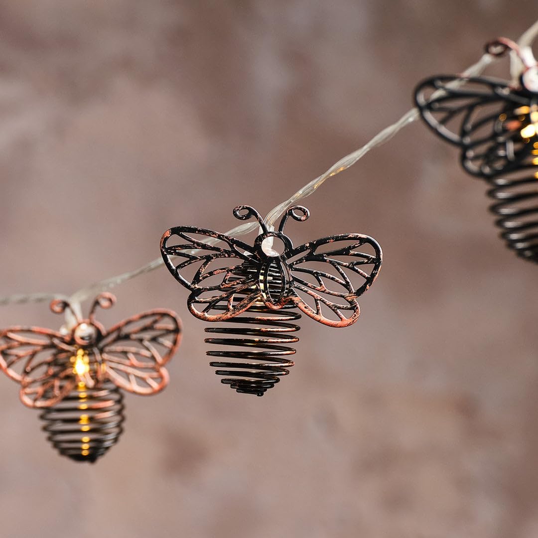 Metal Solar Bee Fairy Lights on 1.5m Clear Cable with Warm White LEDs Outdoor Garden String Lights for Patios Fences 