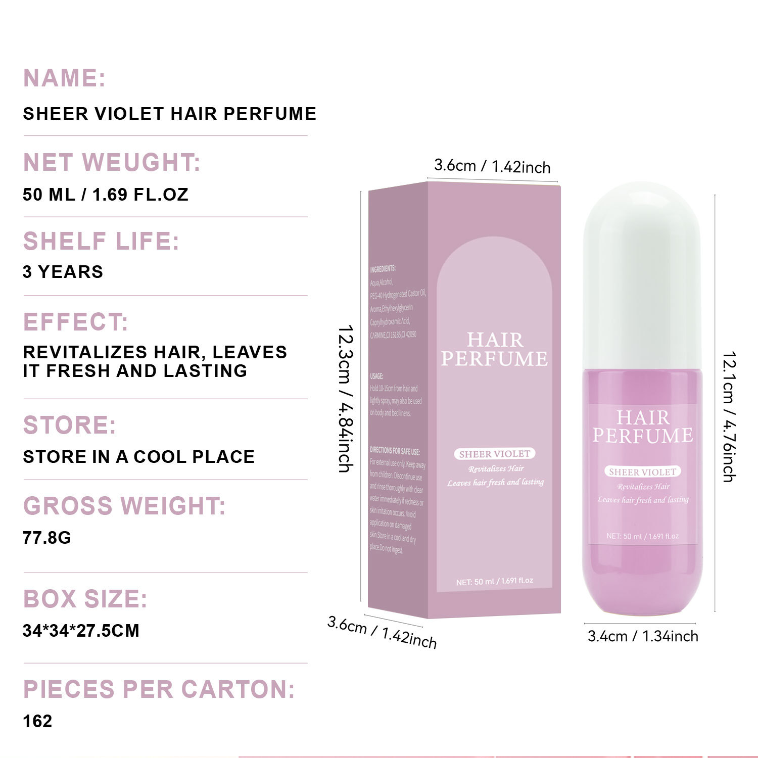 Violet Hair Perfume Spray Long Lasting Floral Fragrance For Hair Nourishing Daily Styling 50ml