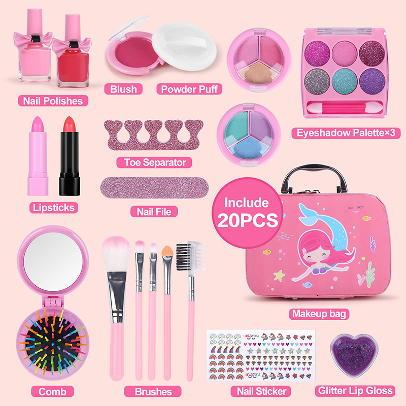 Girls Real Makeup Kit Washable Princess Play Makeup Set Kids Toys Safe Non Toxic Girls Pretend Play Birthday for Kids Gifts