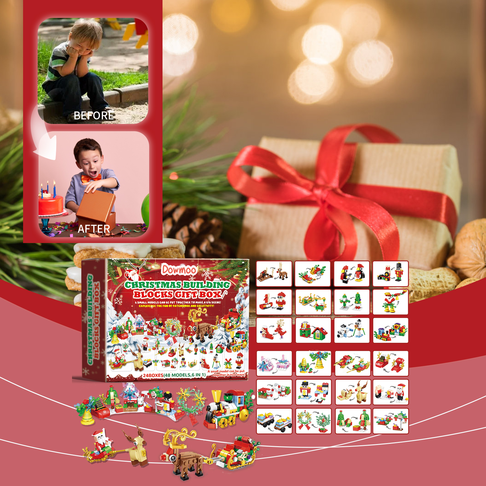 Dowmoo 24 Grid Christmas Building Block Blind Box Set Educational Assemble Small Particle Christmas Gift