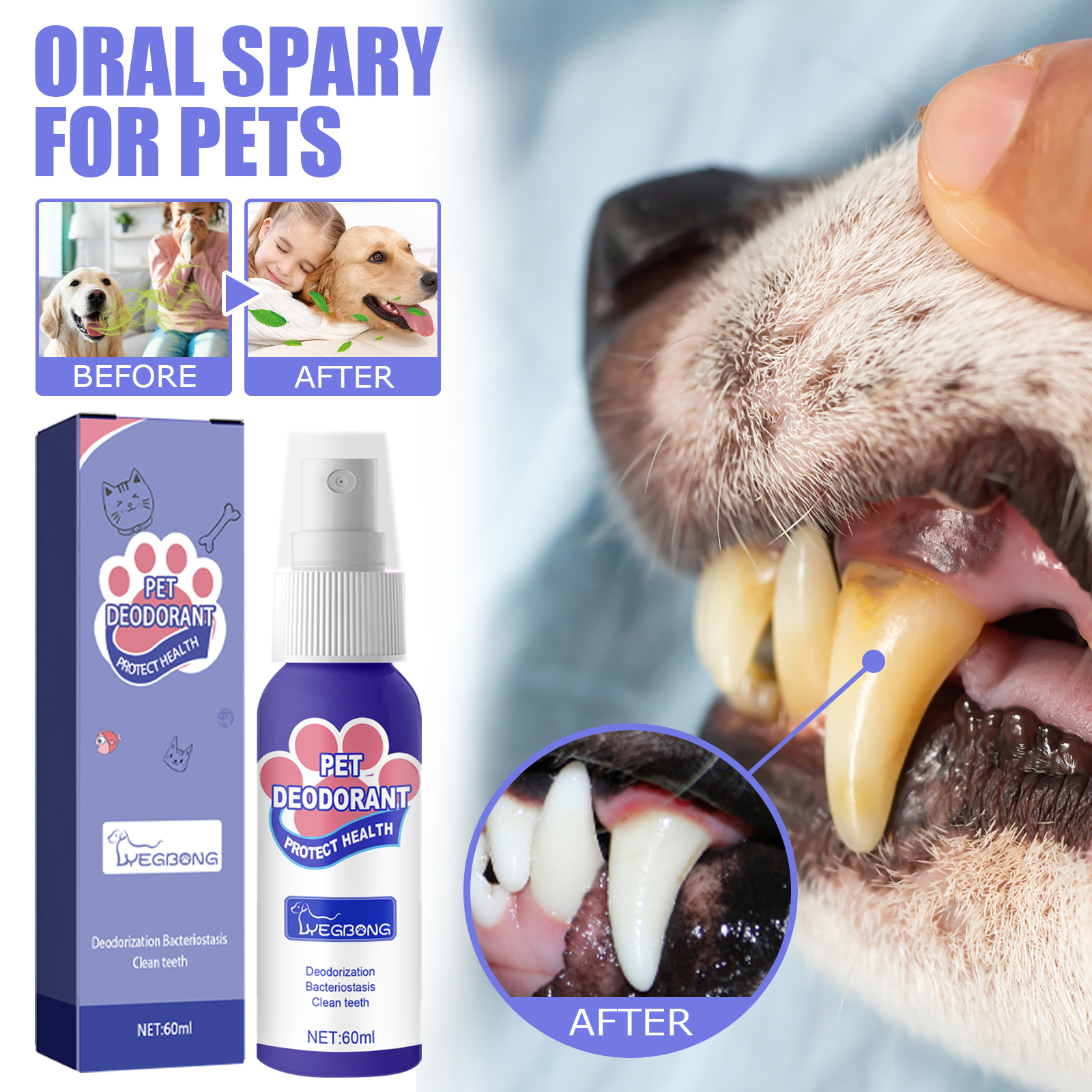 Dog Breath Freshener Spray Pet Oral Cleaning For Cats And Dogs Bad Breath Removal And Dental Care 60ml