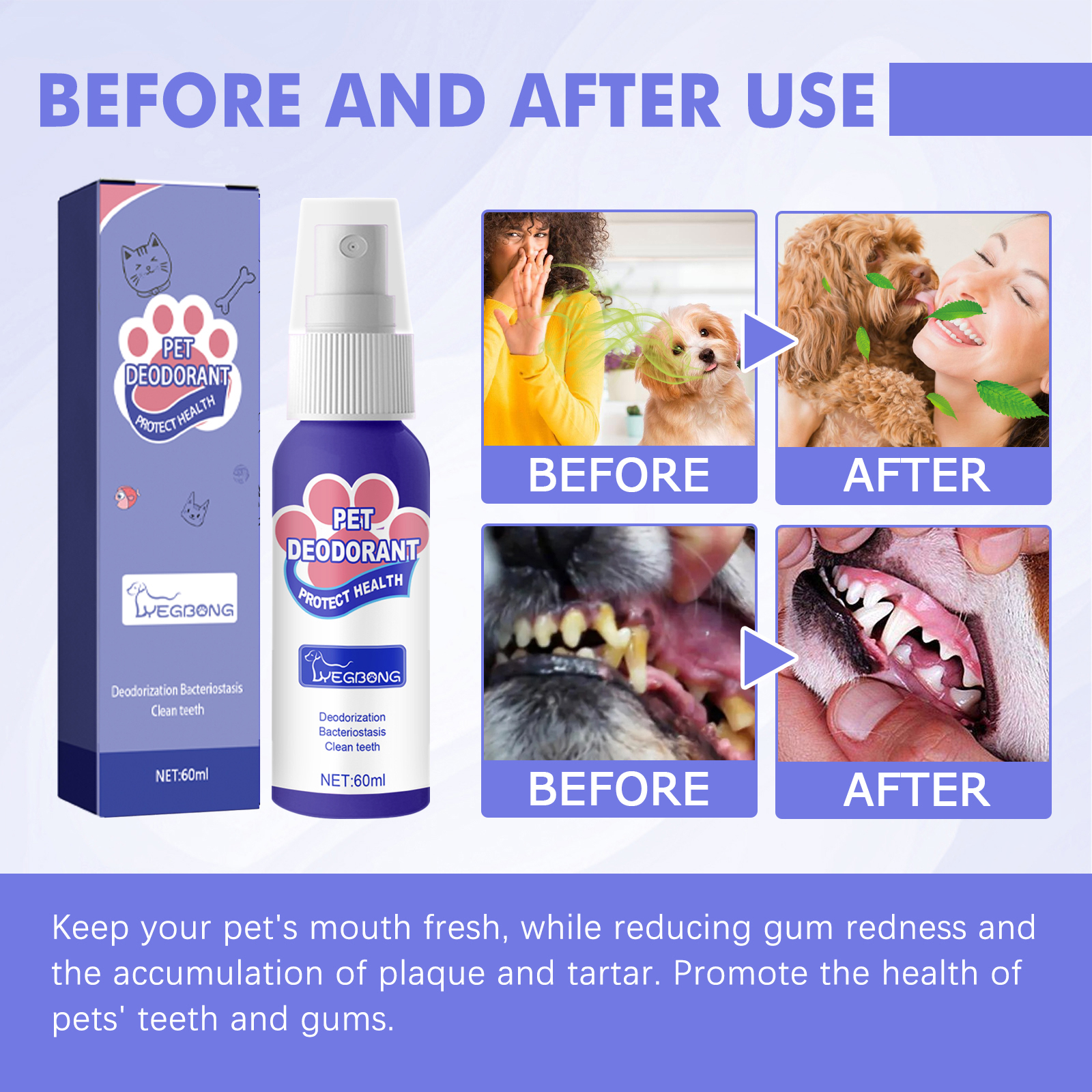 Dog Breath Freshener Spray Pet Oral Cleaning For Cats And Dogs Bad Breath Removal And Dental Care 60ml