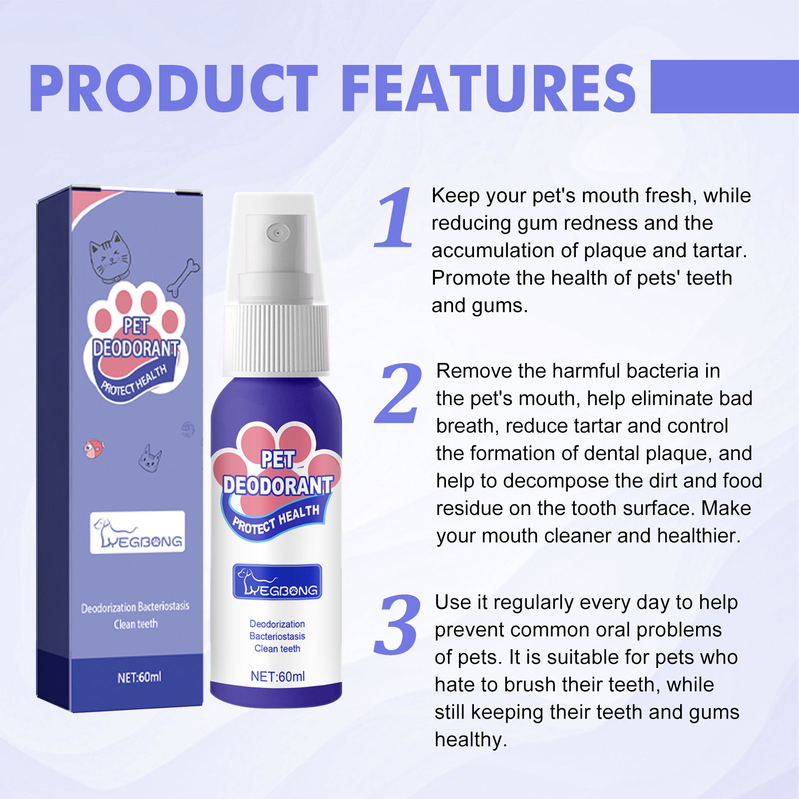 Dog Breath Freshener Spray Pet Oral Cleaning For Cats And Dogs Bad Breath Removal And Dental Care 60ml