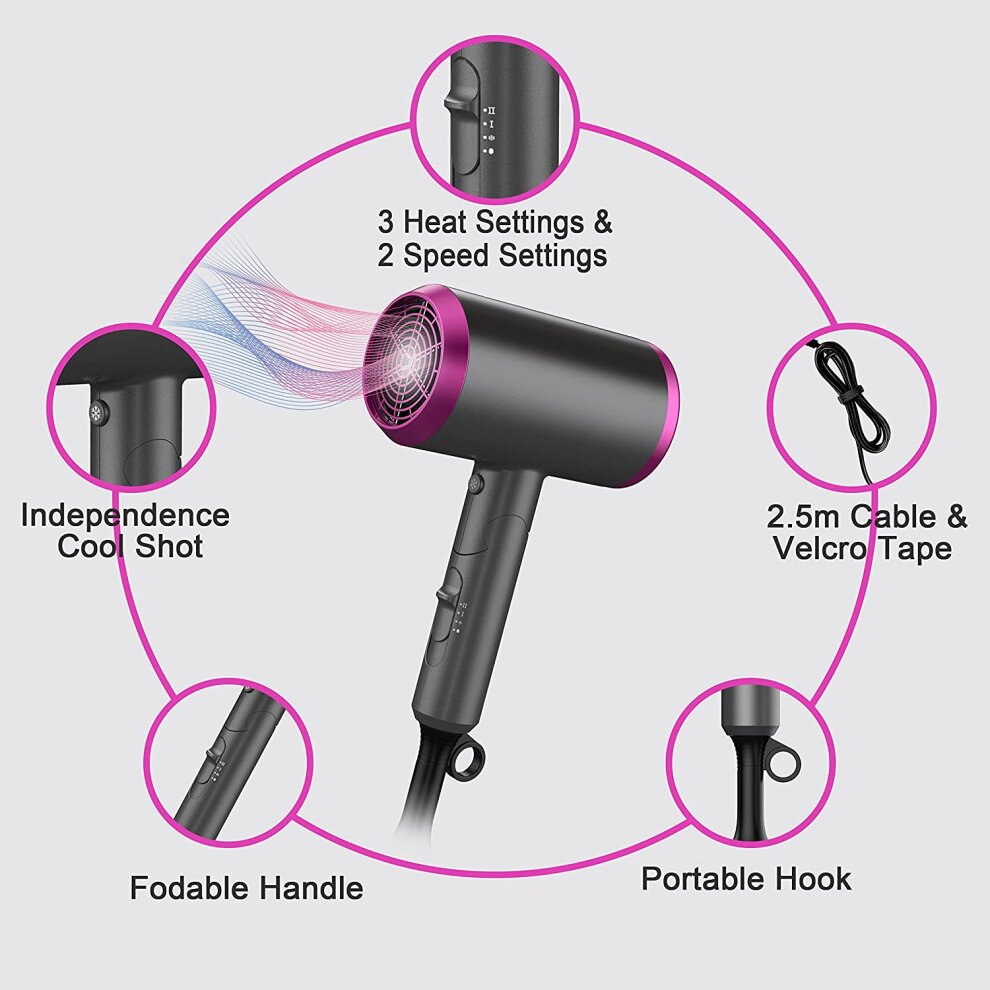 Travel Hair Dryer with Diffuser, Professional Hairdryer Low Noise Lightweight Blow Dryer