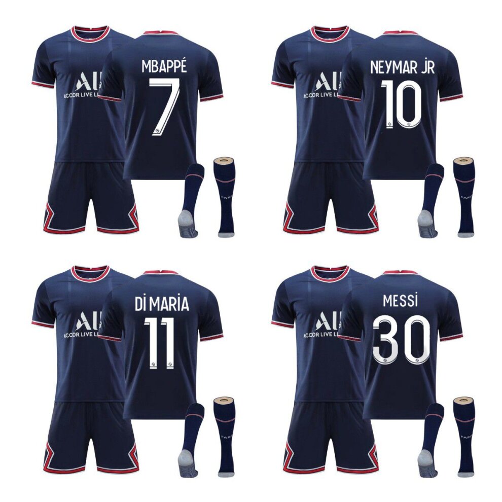 (NYMAR JR 5PCS Set Kids 12~13 Years 28) PSG Jersey Kit with Messi NYMAR JR MBAPPE Di Maria Number 30 10 7 11 Sign Men Boys Teens Home France Football Jersey Unisex Kids Adult Football Training Jersey Soccer Sports Set 2022 Paris Outdoor Football Clothing T Shirt Blue