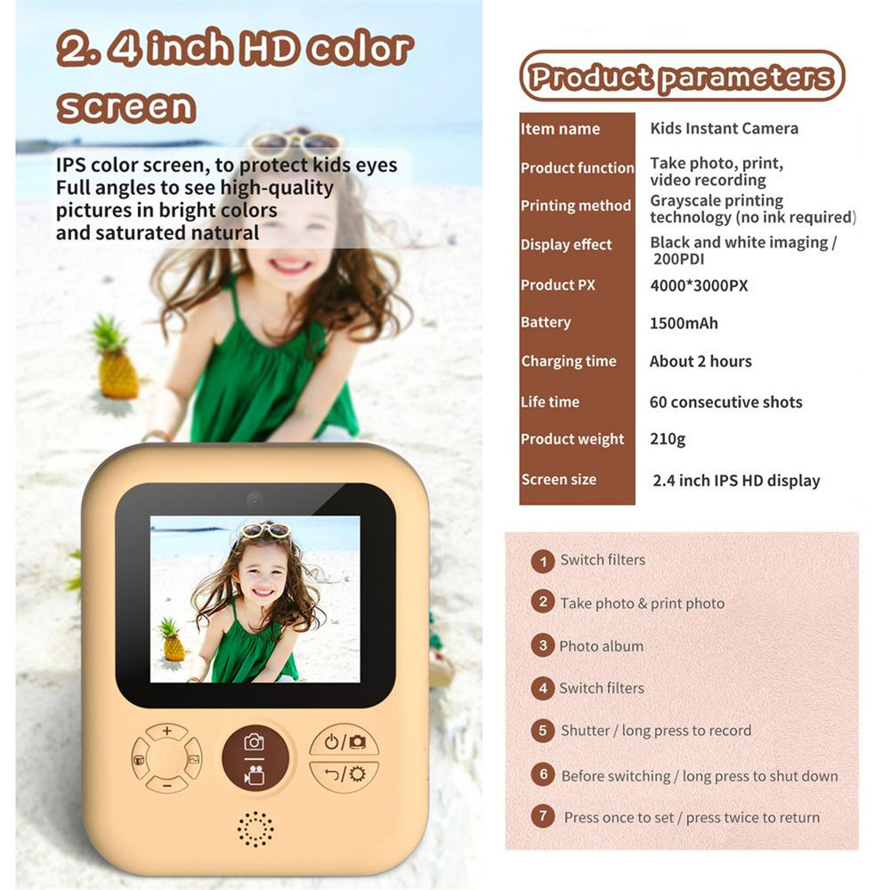 Kids Instant Printing Camera Mini Digital Camera With HD 1080P Video Recording Thermal Photo Paper 32GB SD Card New Year Christmas Birthday Gift for 3 4 5 6 7 8 9 10 Years Old Girls Boys