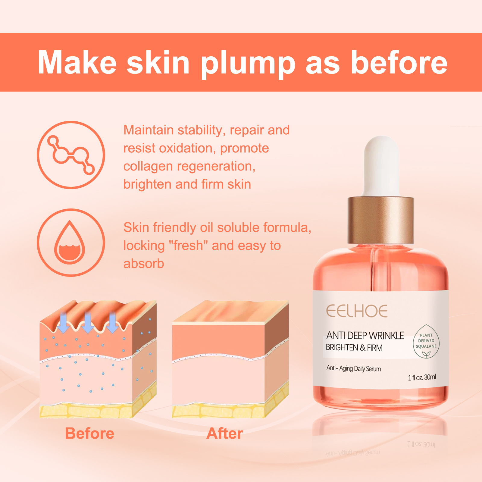 Anti Wrinkle Serum Rose Oil VC Anti-Aging Essence Improve Fine Lines Lifting Shrink Pores Moisturize Whitening Face Skin Care