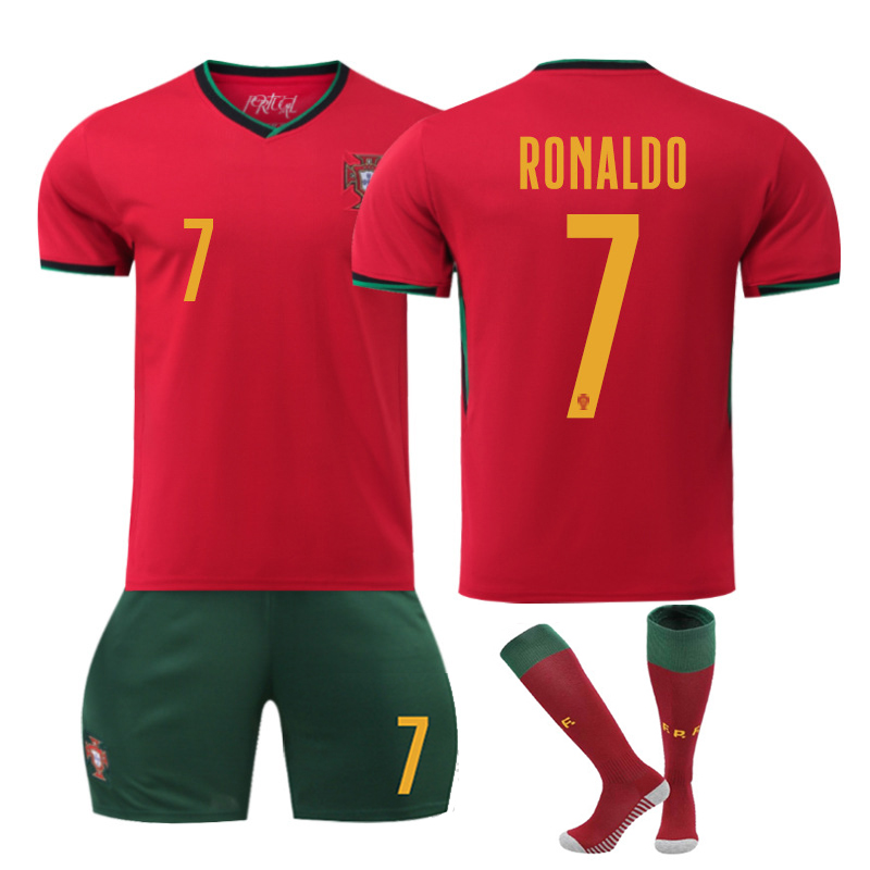 (Kids 2~3 Years) Ronaldo Football Kit for Kids 2024 2025 Soccer Jerseys Portugal Home No.7 Football Training T-shirts Shorts and Socks Set Outdoor Sportswear Tracksuit for Boys