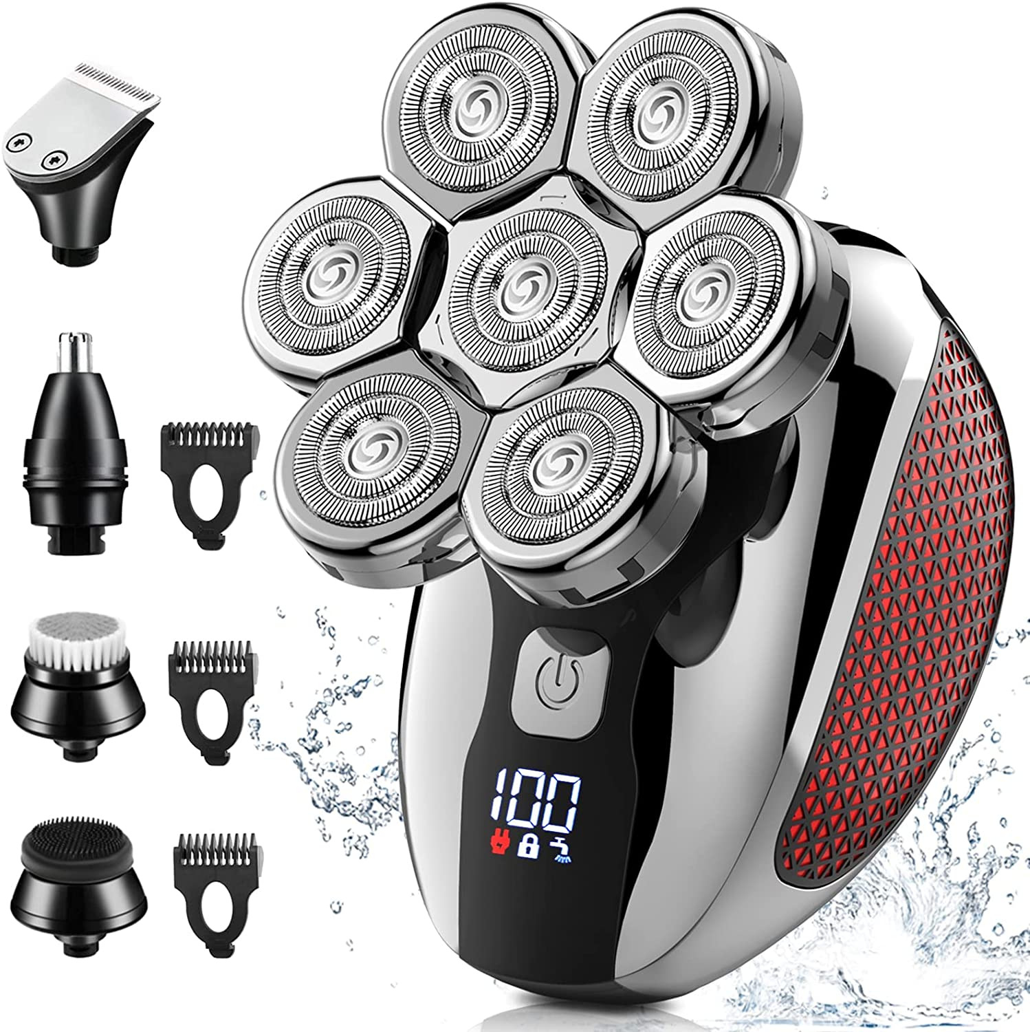 (Black) Detachable Head Shavers for Bald Men 6 in 1 Electric Razor for Bald Men 7D with Hair Sideburns Trimmer Waterproof Wet and Dry Cordless Men Grooming Kit