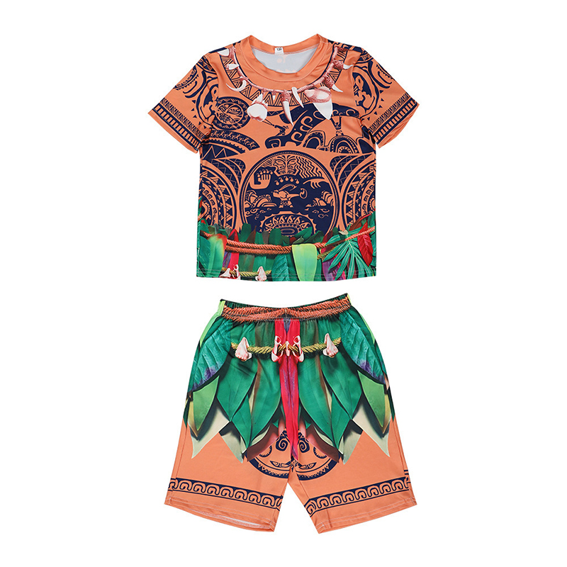 (Size 100) Moana Maui Costume for Kids Boys Fancy Dress Up Halloween Birthday Theme Party Outfits Kids Short Sleeve T Shirt Tattoo Tops  Pants Cosplay Outfits