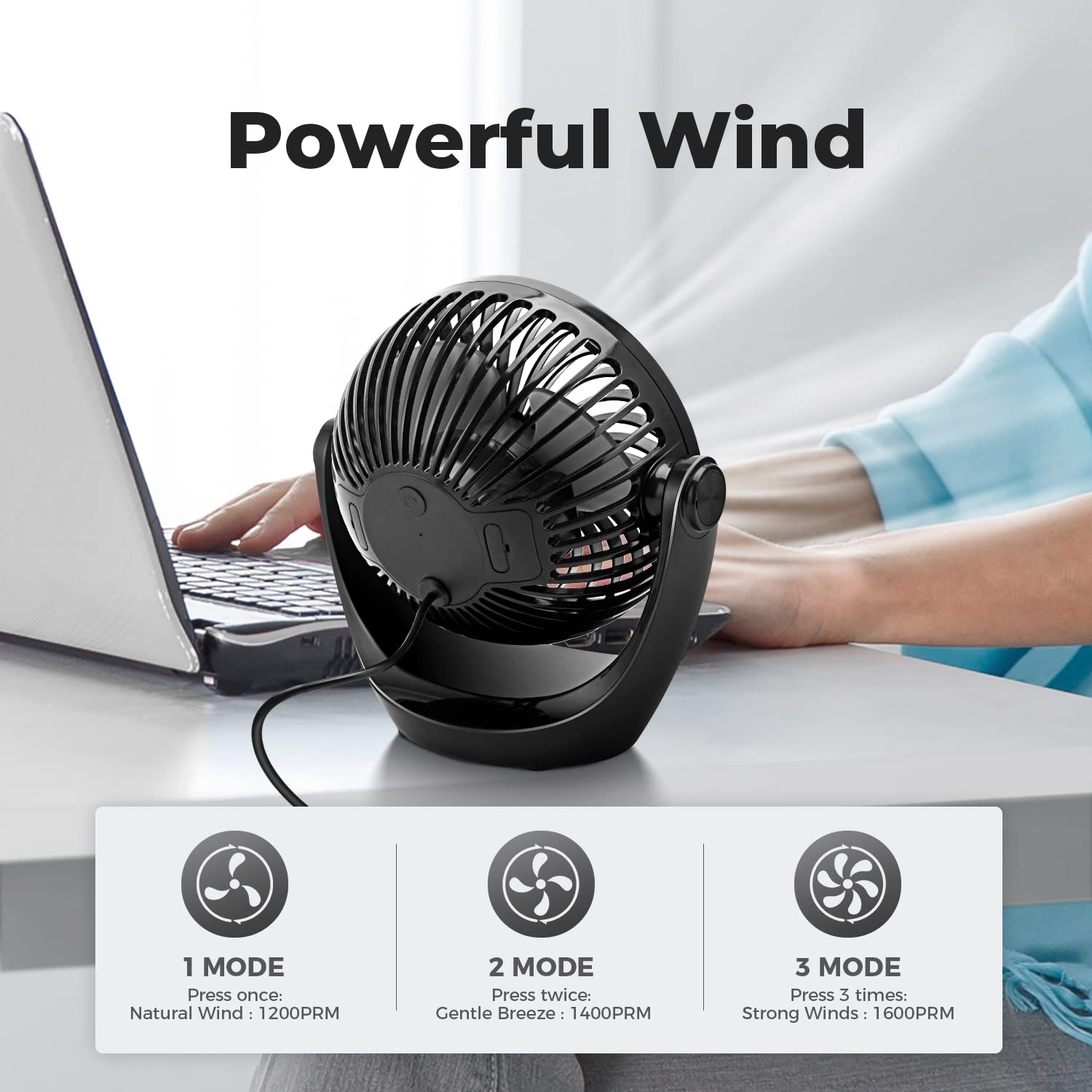 (Black) OCOOPA USB Desk Table Fan with Strong Airflow Quiet Operation Portable Cooling Fan Speed Adjustable Rotatable Head for Home Office Bedroom Table and Desktop