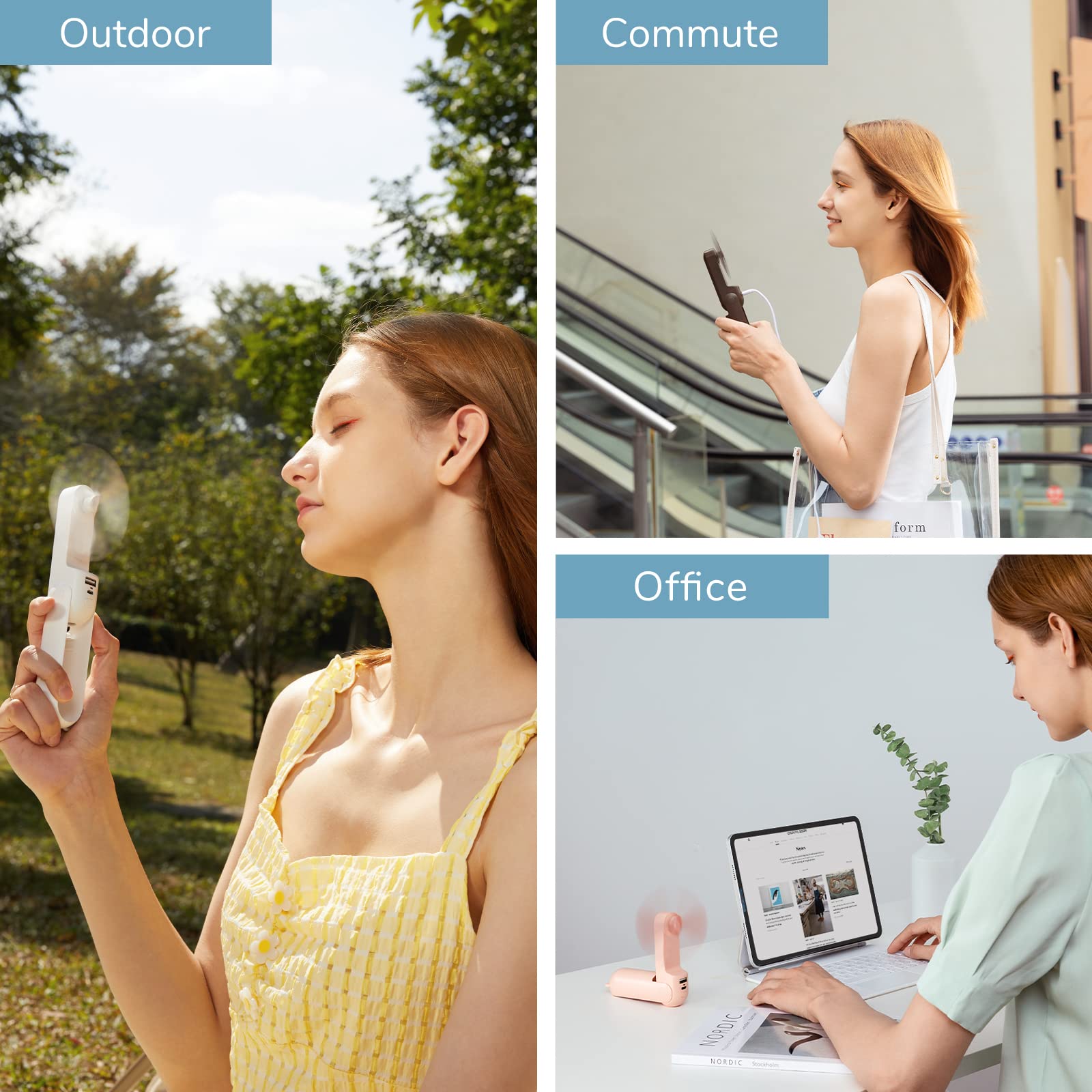 (White) JISULIFE Handheld Fan 3 IN 1 Mini Hand Fan Portable USB Rechargeable Small Pocket Fan Battery Operated Fan 14-21 Working Hours with Power Bank Flashlight Feature for Women
