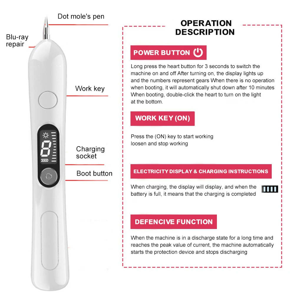(White) Laser Plasma Pen Skin Tag Removal Mole Removal Freckles Warts Tattoo Dark Spot Removal LCD Multifunctional Beauty Tool Portable 9 Gears