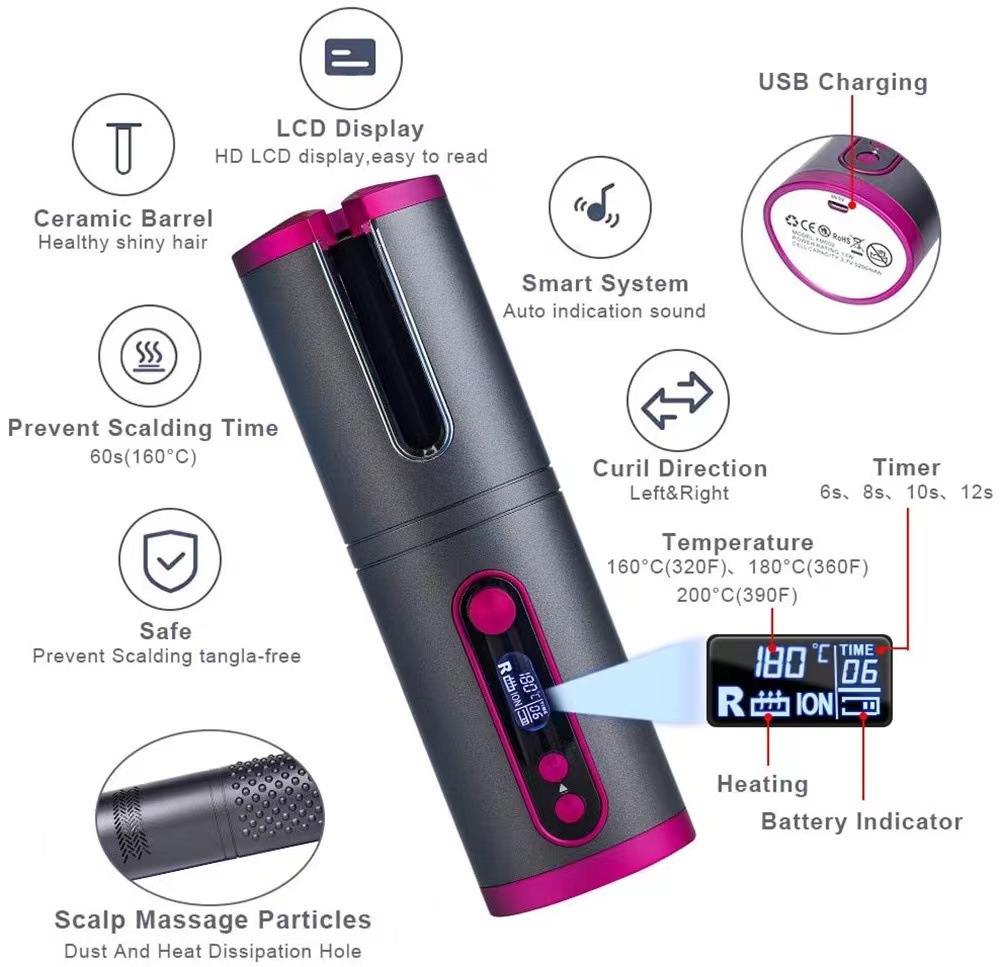 (Grey) Hair Curler Rotating Curling Tongs Curling Iron Cordless Auto Curler Restriction Rechargeable Ceramic Professional Hair Curler USB ChargingPortable