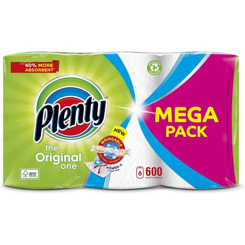 PLENTY Kitchen Towel, 6 White Rolls, 600 Sheets of Kitchen Roll, 2-Ply Tissue