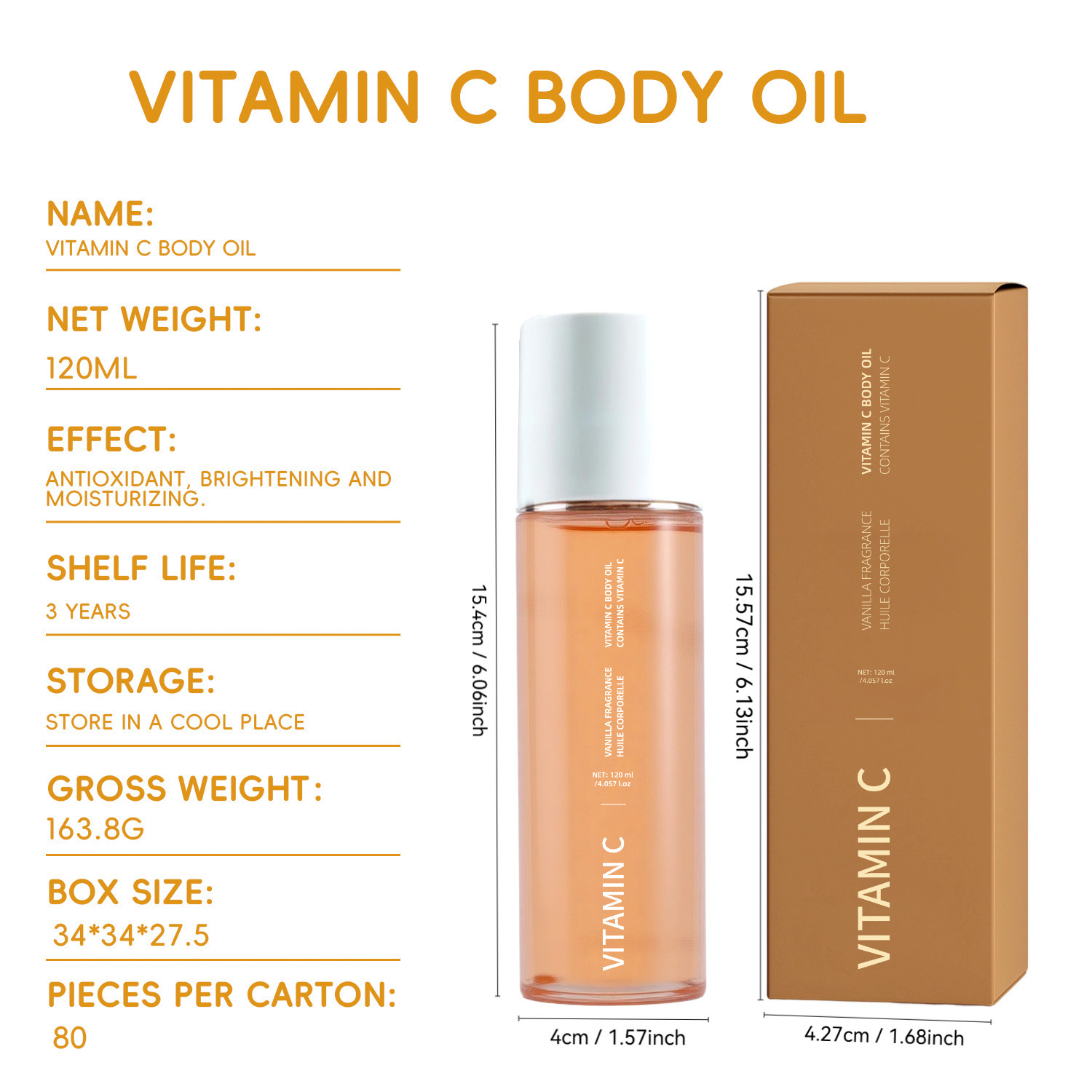 Vitamin C Body Oil Brightening Nourishing For Dry Skin Daily Hydrating Moisturizing After Shower Smoothing Care 120ml